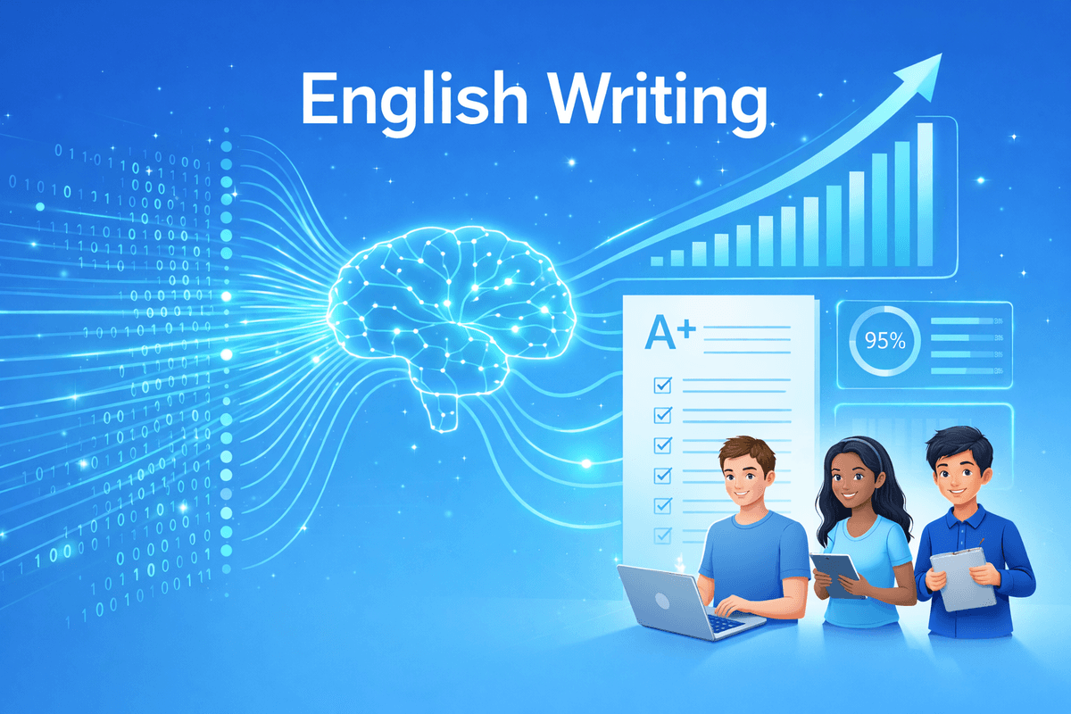 AI-powered writing improvement — students learning with AI brain, A+ grading, and progress charts